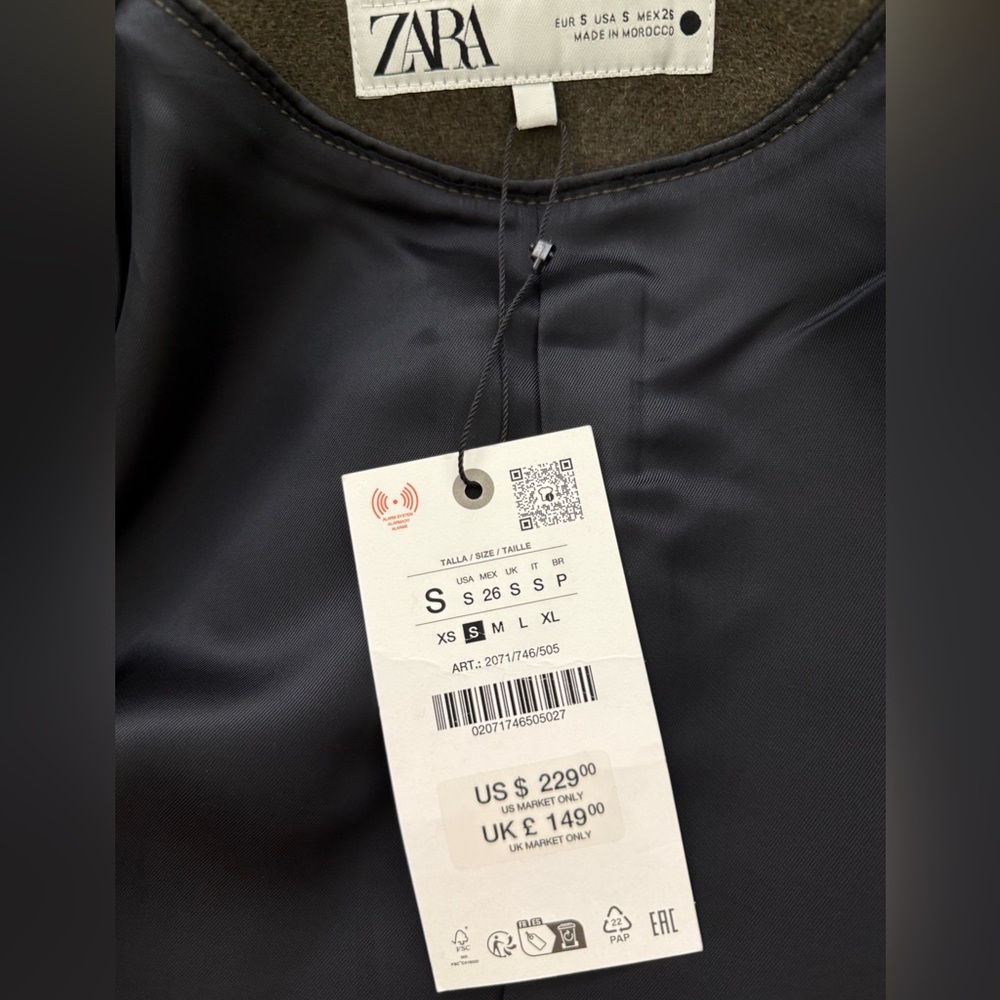 NWT Zara Wool Double-Breasted Pea Coat in Dark Olive Green Sz S - Picture 13 of 17